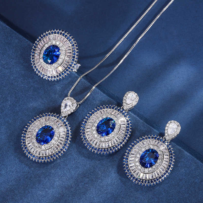 Zhuangsheng Copper Gold Plated Simulated Colorful Treasure Royal Blue Treasure Sparkling Diamond Set for Womens Pendant Set 8 * 10 W250312