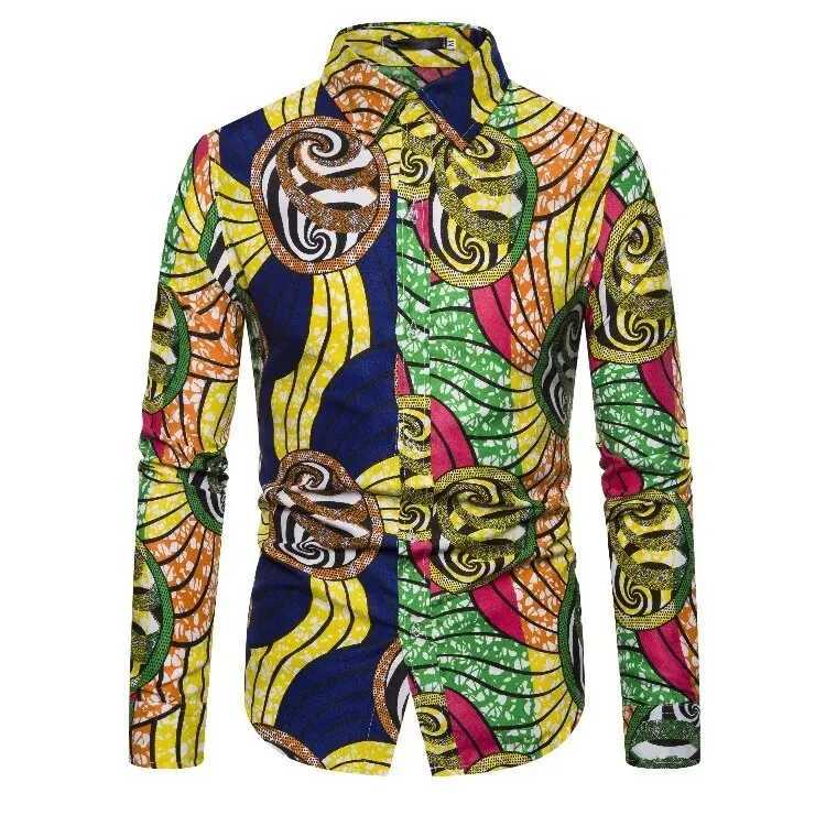 African Traditional Print Mens Shirts Casual Single-Breasted Blouses Long Sleeve Shirt Streetwear Trend Lapel Tops Mens Clothing W250312