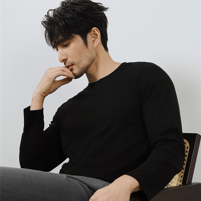 Long sleeved T-shirt mid high neck base shirt men's autumn winter inner wear warm and close fitting solid color top casual new style tracksuit