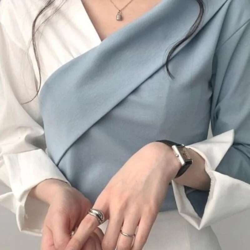 Autumn Long Sleeve Vintage Contrast Patchwork Shirts Women Fashion Streetwear V Neck Ladies Tops Clothing