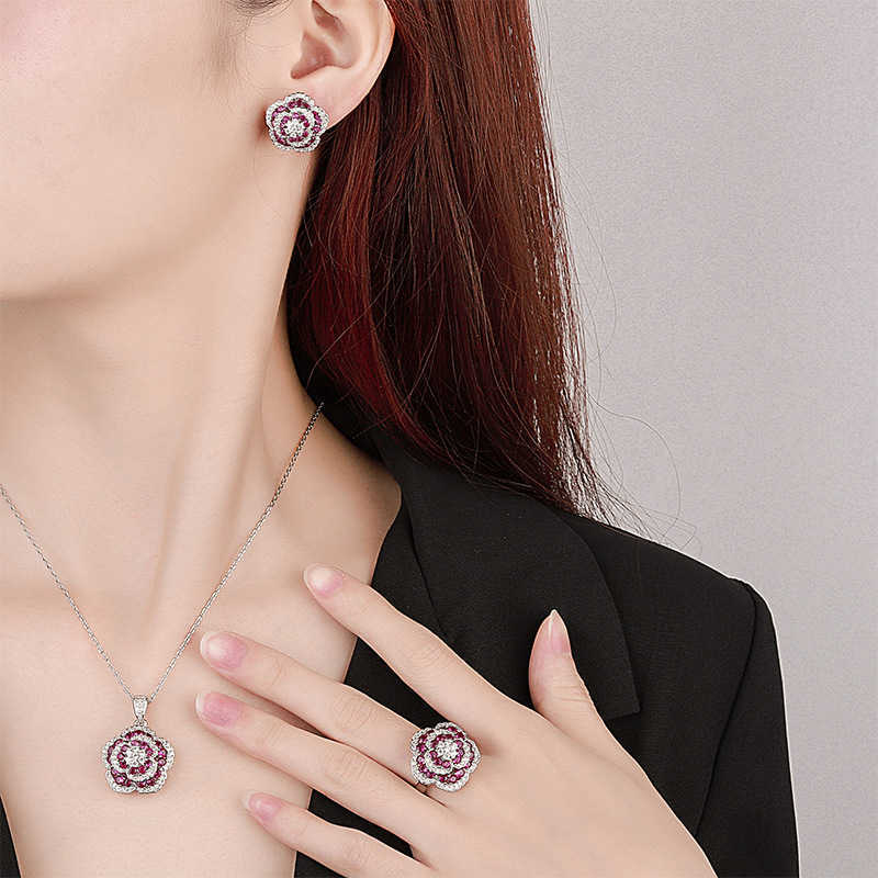 Autumn and Winter New Zhuangsheng Copper Bottom Gold Plated Simulated Red Corundum Rose Charm Light Luxury Set for Women W250312