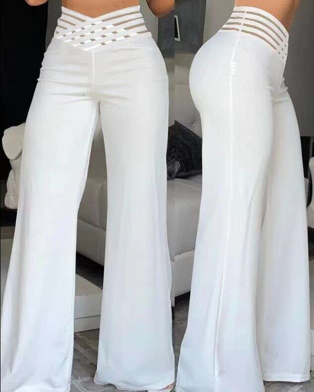 Summer Women's Hollow Belt High Waist Casual Straight Loose Wide Leg Pants B2