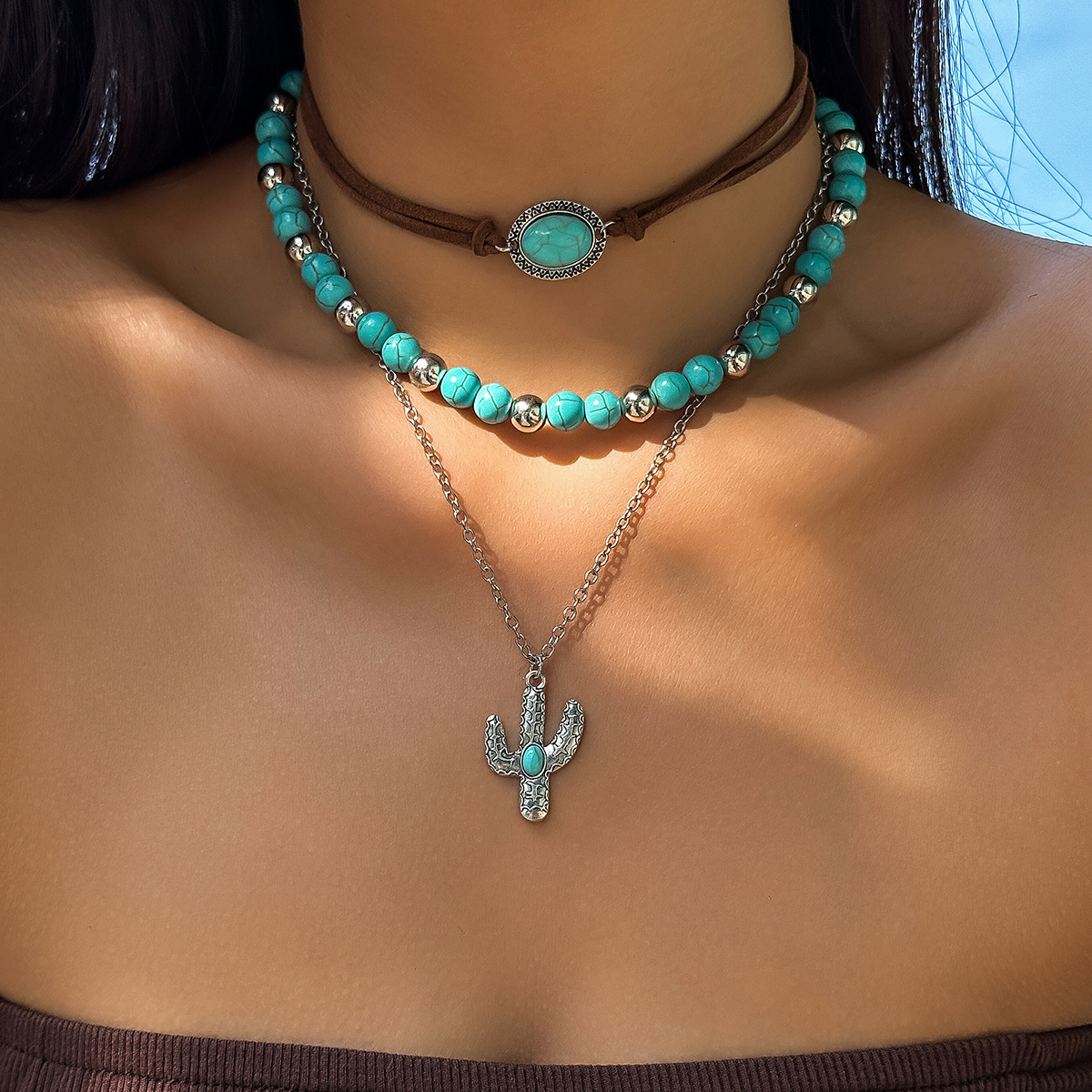 Vintage Imitation Turquoise Collarbone Chain Small Beaded Necklace Set Ethnic Wind Cactus Jewelry for Women