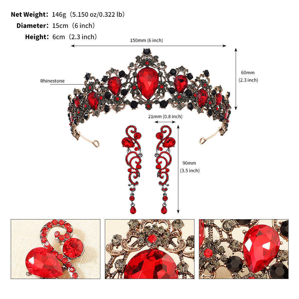 Halloween Jewelry Set for Girls Ball Dress up Baroque Red and Black Crystal Crown Earrings Two Piece Set W250312