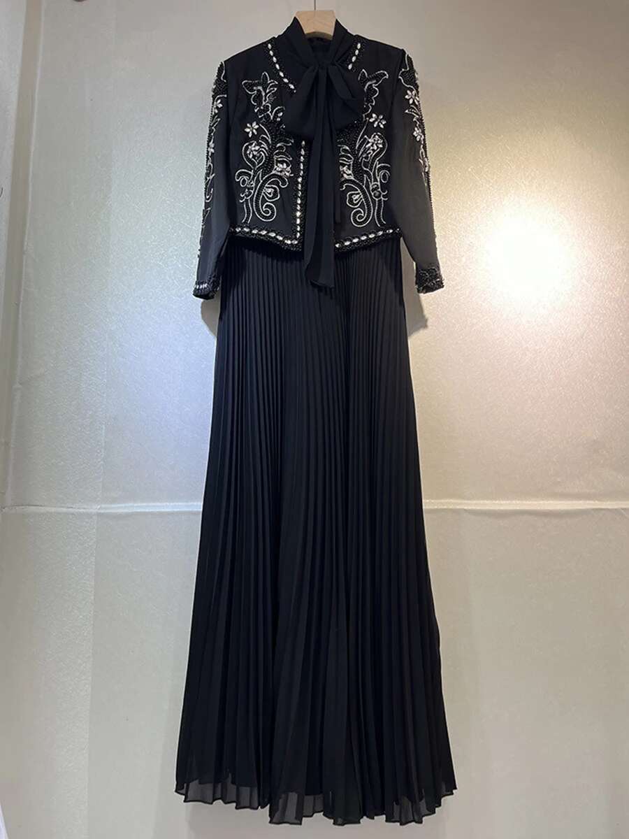TWOTWINSTYLE Solid Two Piece Set For Women O Neck Sleeve Coat Scarf Collar Sleeveless High Waist Long Dress Female Fashion
