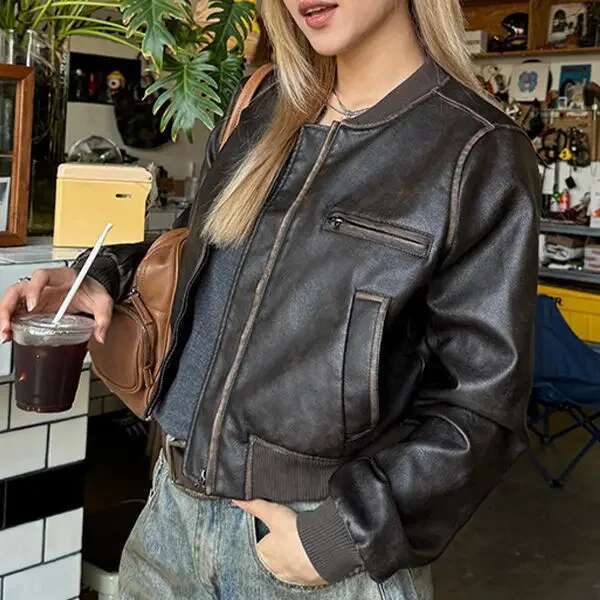 American Vintage Short Motorcycle Leather Jacket Clothing Autumn New Retro Streetwear Loose Casual Brown Coat Women Tops