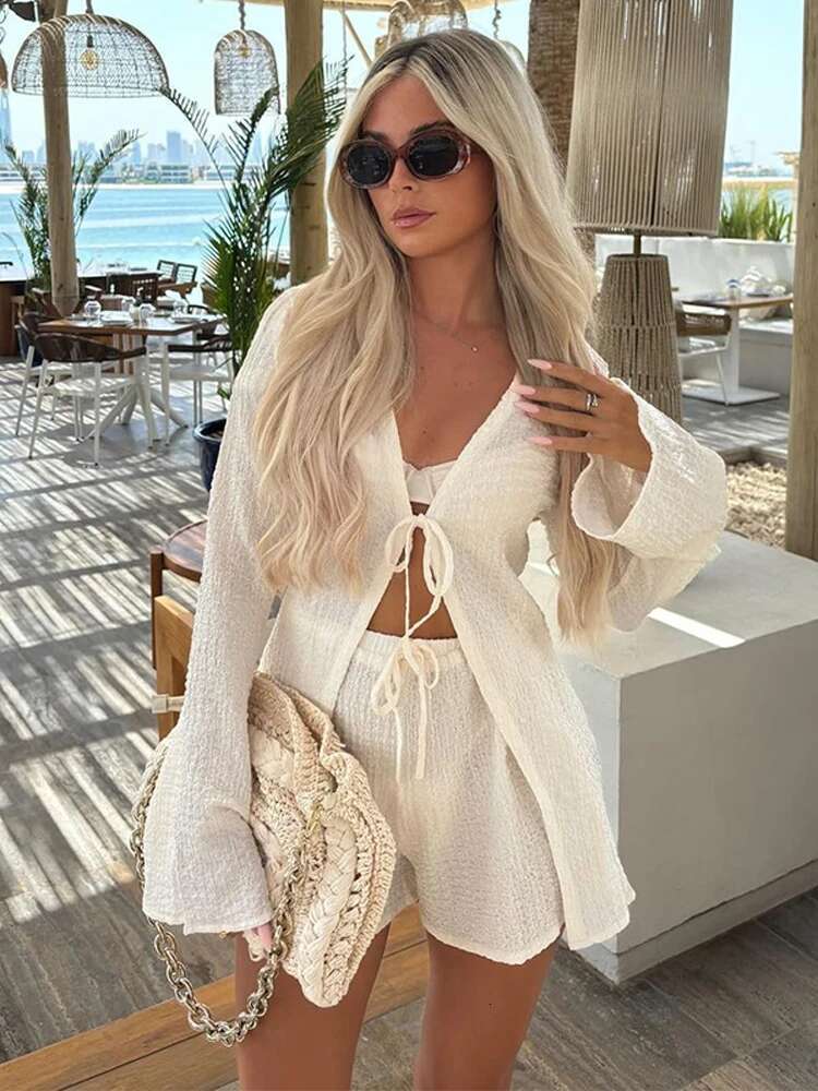 Chic V-Neck Flare Long Sleeve Lace Up Blouse Set Elegant High Waist Loose Casual Short Suits 2025 Summer Women Vacation Outfit