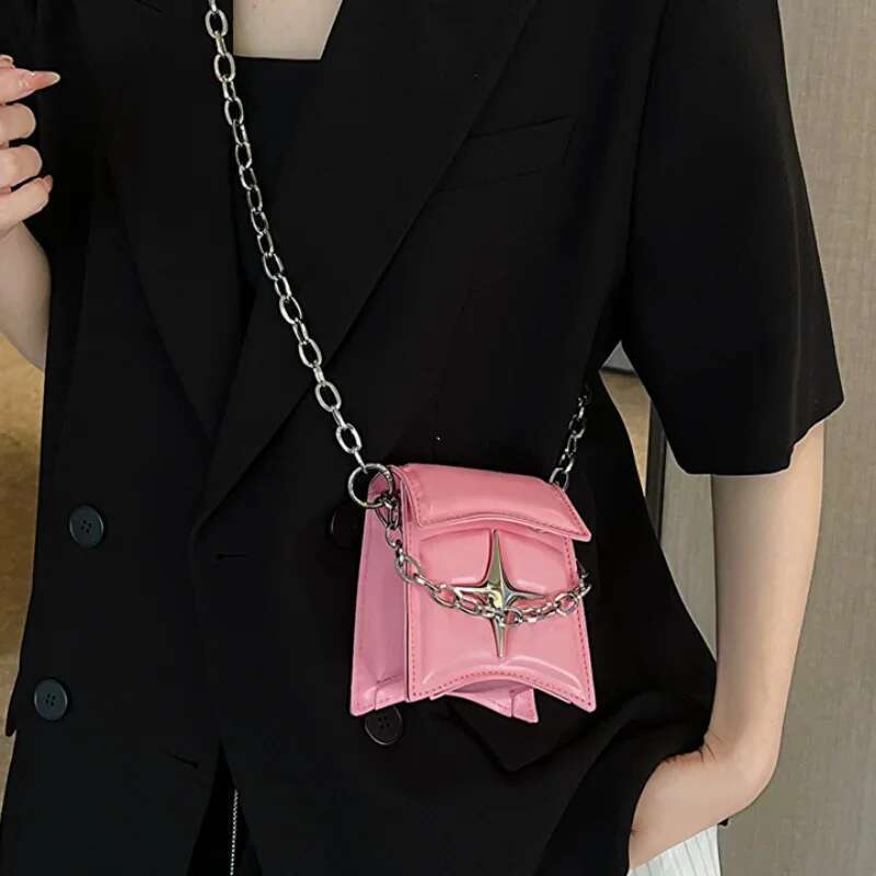 Y2K Retro Chain Mini Shoulder Bag Flip Cover Handbag Pink PU Leather Fashion Designer Trendy Handbag Gothic Cross Girl Crossbody Bag Wallet Storage Ba