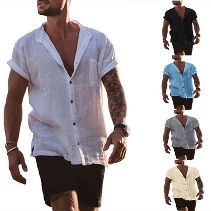 summer solid color cotton and en cardigan loose short sleeved pocket simple casual shirt men's 2025 temperament versatile new trend clothing ins