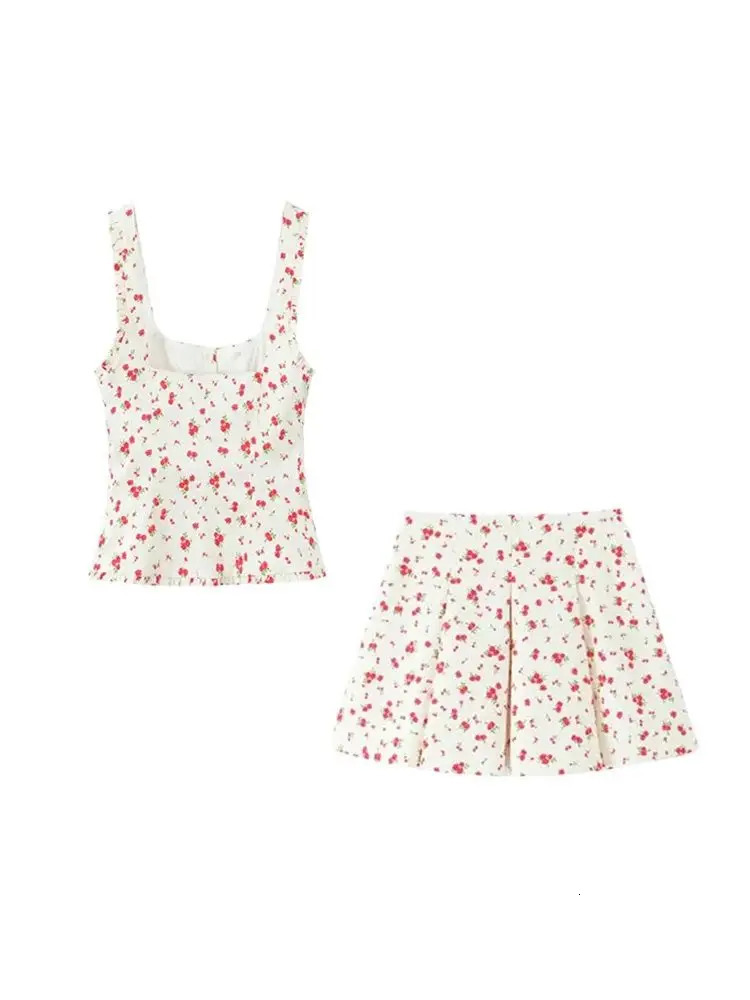 TRZA Womens Fashion Flower Printed Tank Top and Mid Waist Folded Mini Leather Jacket Two Piece Set Unprinted Good Product 250312