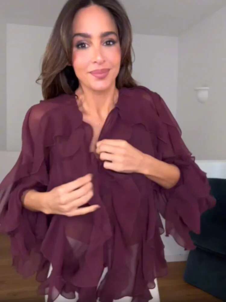 Fashion Women V Neck Ruffles Lantern Long Sleeve Shirt Elegant Solid Mesh Single Breasted Blouse 2025 Commute High Street Outfit