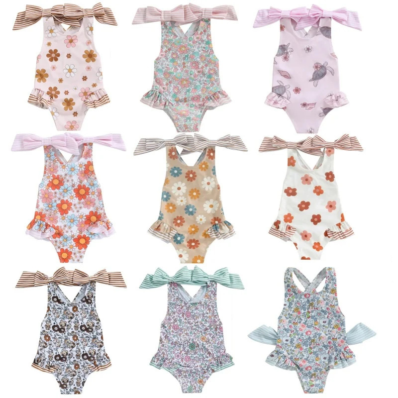 1-6Y Kids Swimwear Girls Bikini Set Sleeveless Bow Straps Floral Bathing Suits Baby Swimsuits Toddler Beachwear 250311