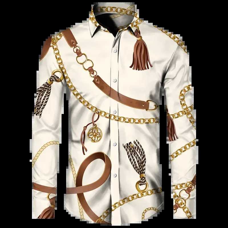 Fashionable luxury gold floral print mens Baroque style short sleeved/long sleeved lapel button top social Hawaiian party cardigan W250312