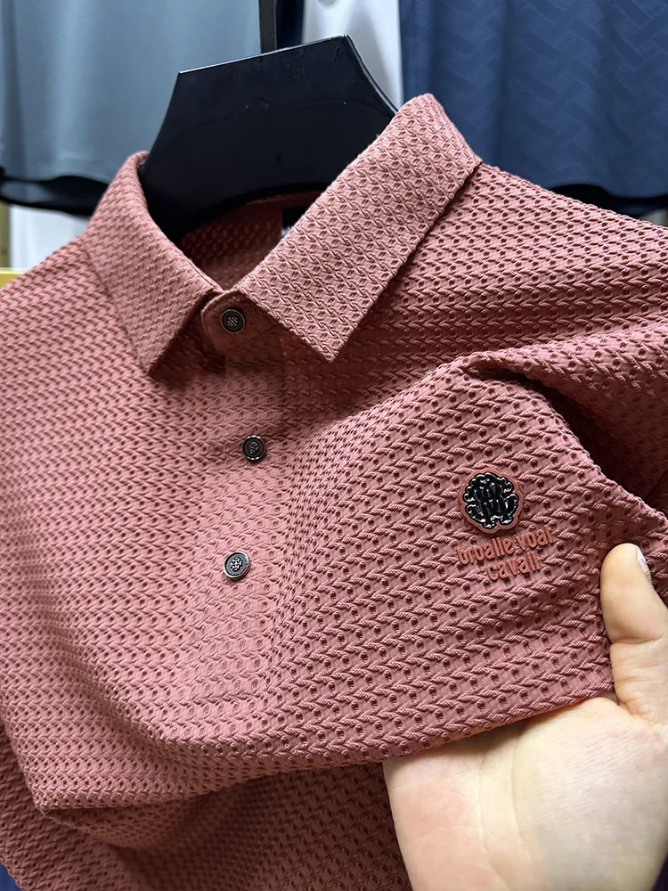 High quality ice silk breathable short sleeved Tshirt mens summer fashion embossed n top business casual polo shirt 250312