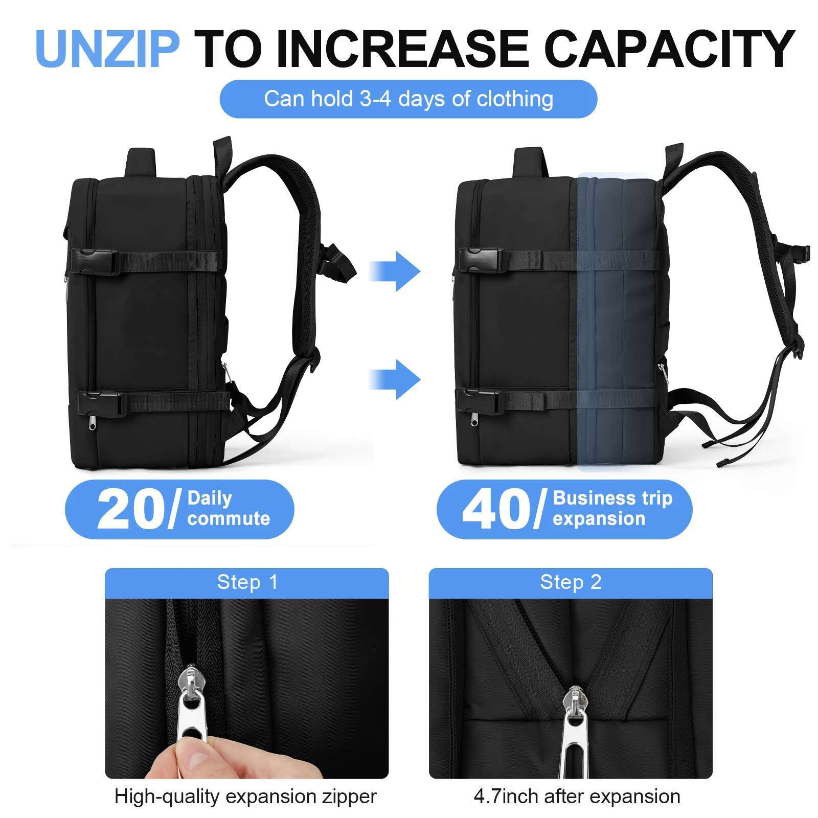 40X20x25 Expandable Ryanair Women's Travel 40L Men Business Backpack School Large Capacity Laptop Cabin Bag