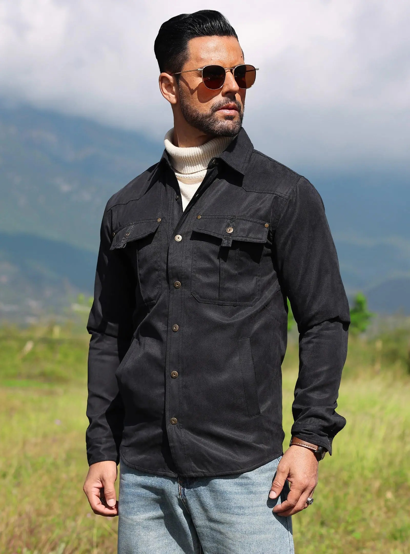 Slavinson Mens Jacket Spring Windproof Bomber Casual High Quality Western Cowboy Flannel Plain Lined Clothing 250312