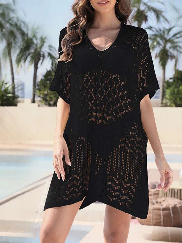 Mesh Crochet Beach Shirt Women Solid Cover Up Ladies Long Sleeve Hollow Out 2024 Sexy Beachwear Bathers Swim Bathing Suit