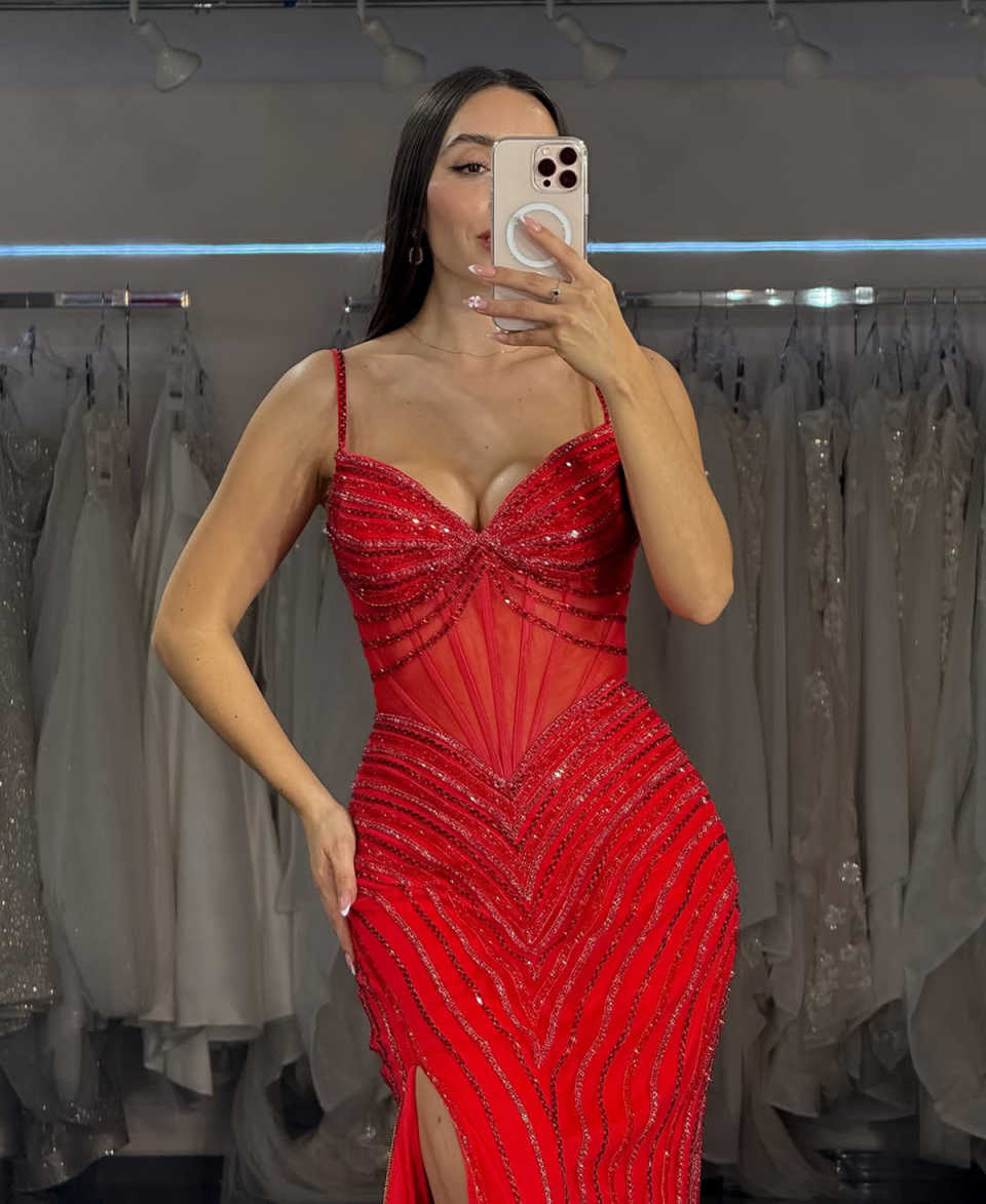 Sexy Mermaid Evening Dresses For Women Sweetheart Neck Spaghetti Strap Gown Sequins Split Side Detachable Train Party Customized Dress