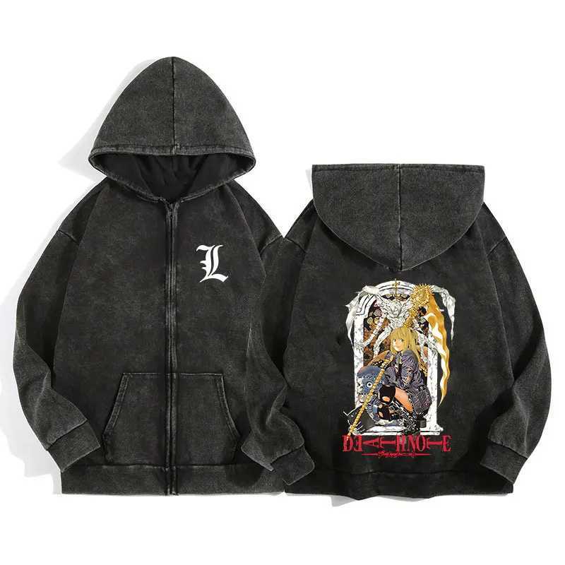 Harajuku Retro Washed Zip Up Hoodie Anime Death Note Print Jacket Gothic Graphic Cotton Men Women Zipper Hooded SweatshirtT250312