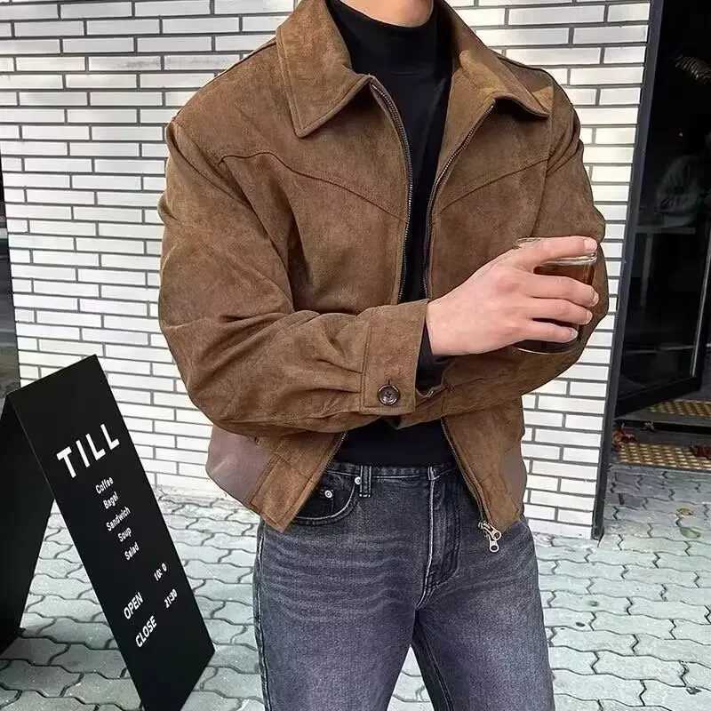 Autumn Winter Korean Style Mens Loose Fit Chamois Leather Flight Jacket Casual Trendy Lapel Zippered Hooded Warm Comfortable OuT250311