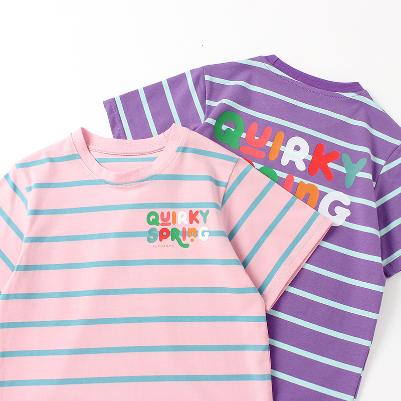 Ddmyshoesvip Summer Korean version clothing new children's T-shirt, women's treasure letter striped top, half girls' short sleeved shir