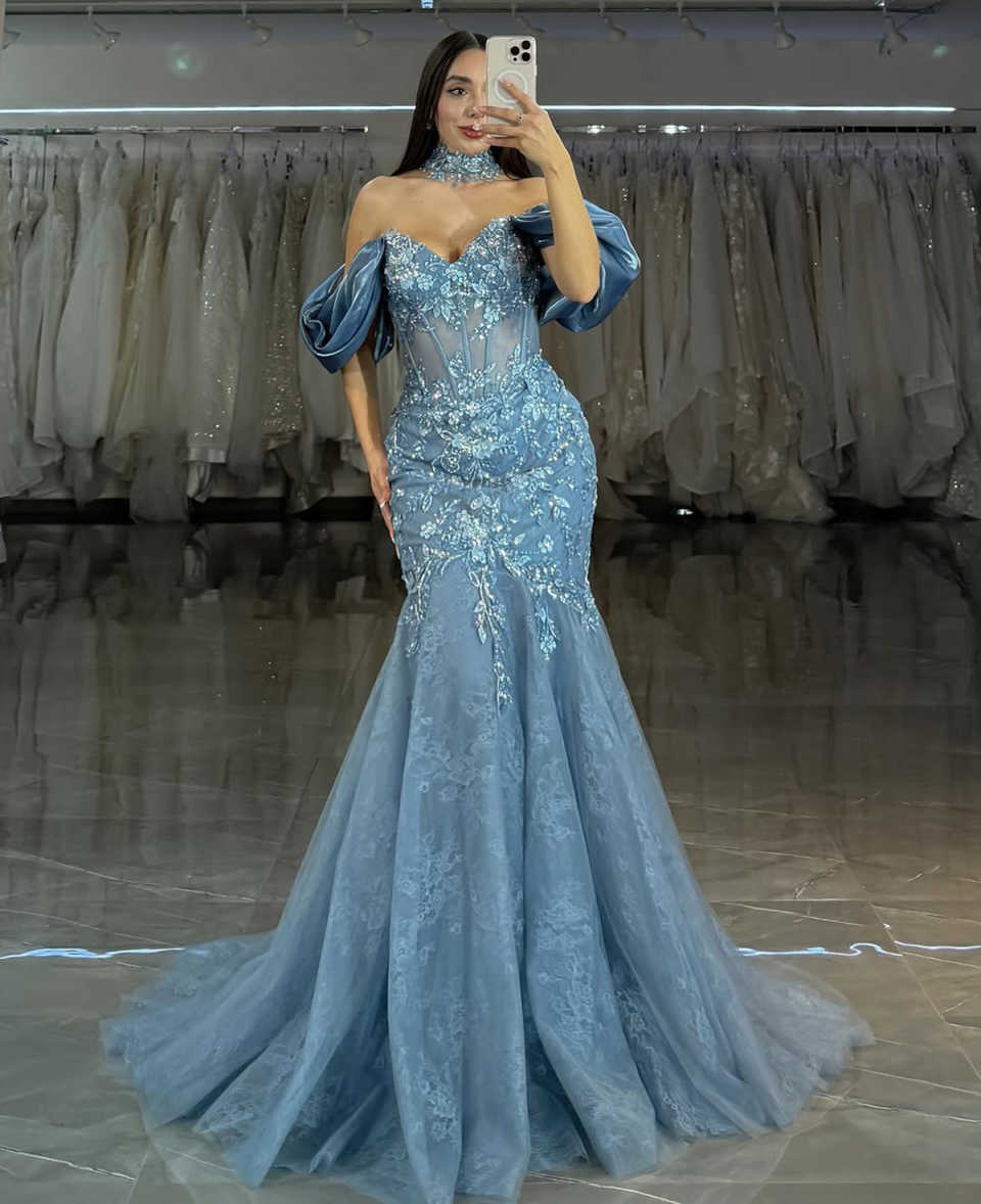 Gorgeous Prom Dresses Off The Shoulder Crystal Appliques Length Side High Split Custom Made Plus Size Party Dress Vestido De Noite