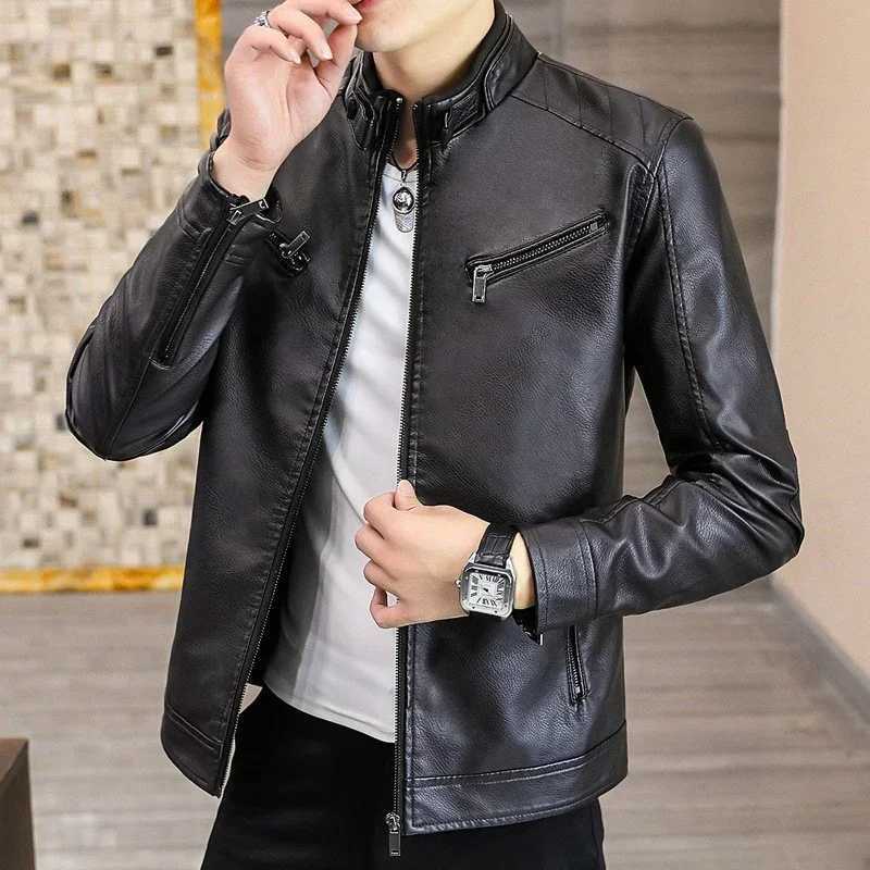 Stand Collar Loose Casual PU Leather Jacket Male Zipper Coat Men Trend Fashion Cardigan Top OutwearT250311