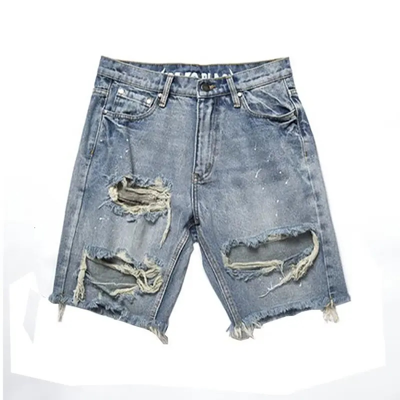 Summer mens hole straight wide leg Harlan jeans shorts elastic high wash pocket denim 250312