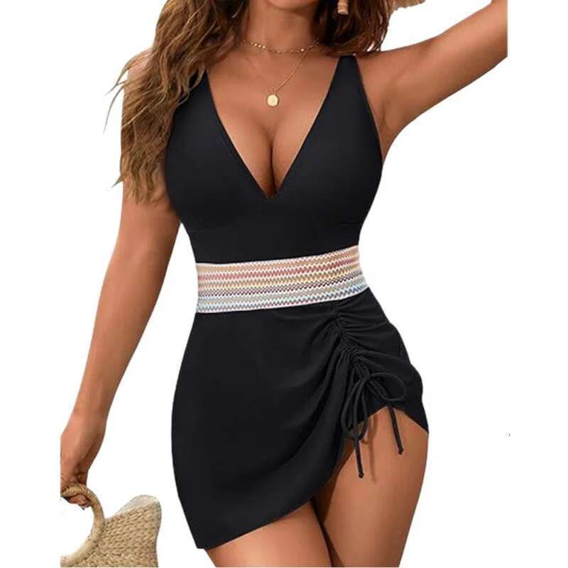 Sexy Plunge V-Neck Swimsuit Women Solid Swim Dress Push Up One Piece Swimwear with Chest Cushion Adjustable Shoulder Straps Beach Wear Drawstring Hem