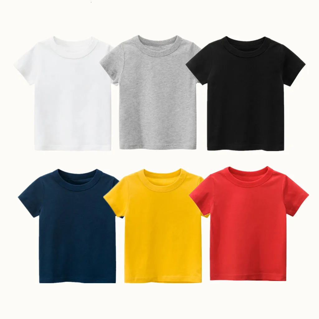 Summer Girls Boys Solid T-Shirts Clothes 100% Pure Cotton Short Sleeve Yellow Red Green Kids UnderShirt Bottomming Clothing 250311