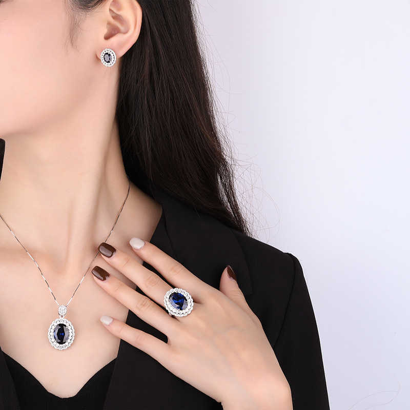 Zhuangsheng S925 Silver Simulation Tansan Blue Treasure Jewelry Set Main Stone 12 * 16-6 * 8 W250312