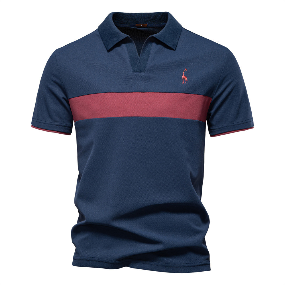2025 Summer New Product: Deer Embroidered Men's Flip Collar Short sleeved T-shirt with Splicing V-neck Polo Shirt for Men tracksuit
