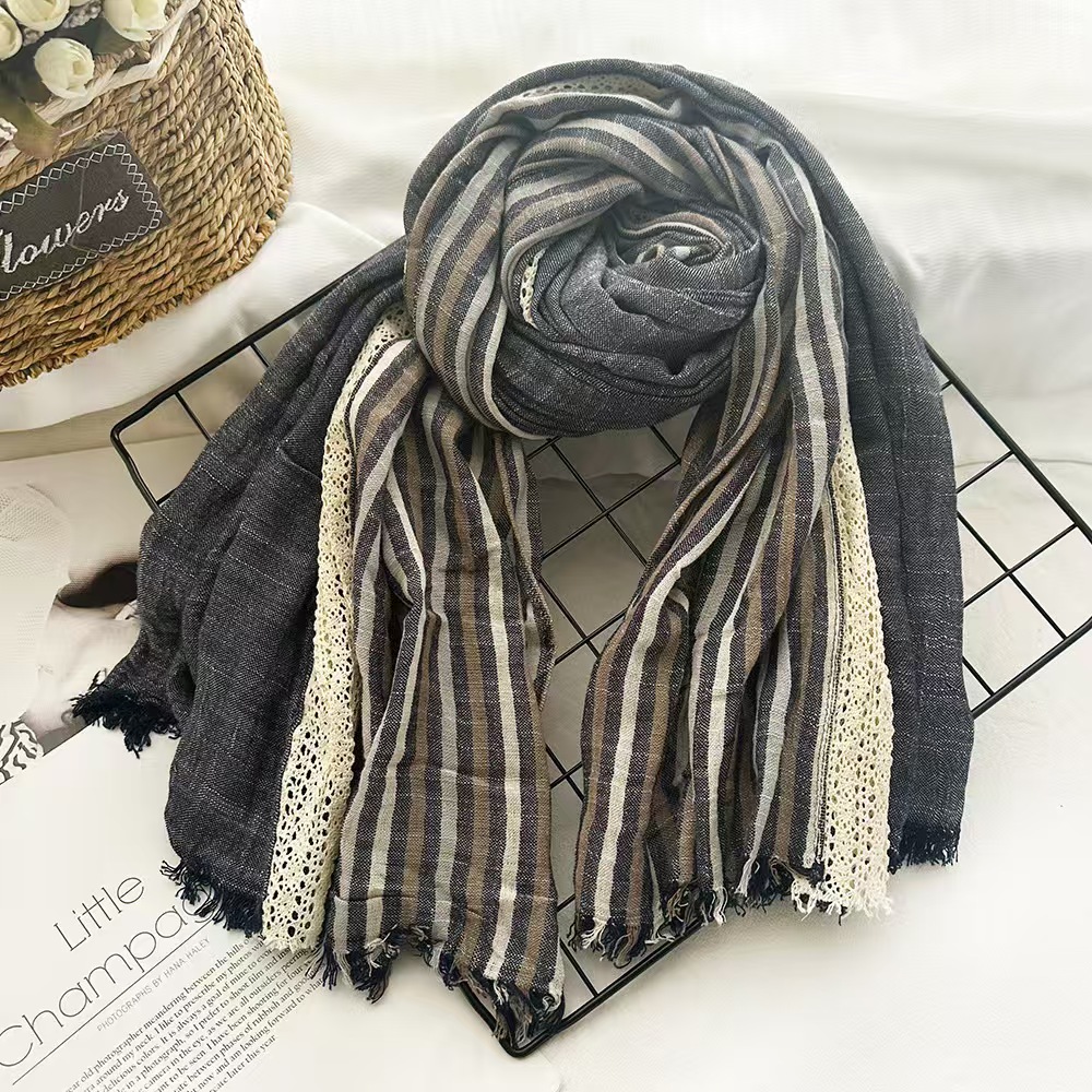 T270 cotton and linen scarf for women in spring, high-end 2025 new vertical stripes, versatile lace stitching shawl scarf