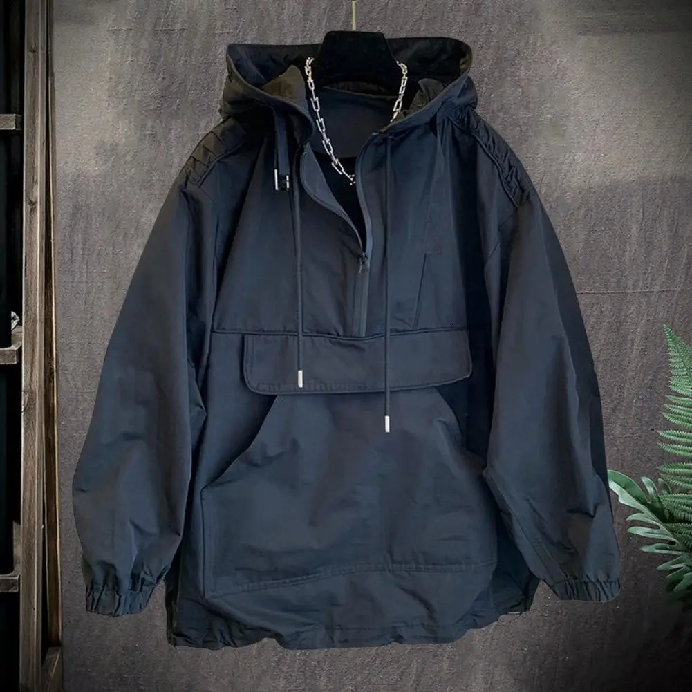 Autumn hoodie casual mens spring jacket solid pocket cargo outdoor sports travel top black windproof half zipper 250312