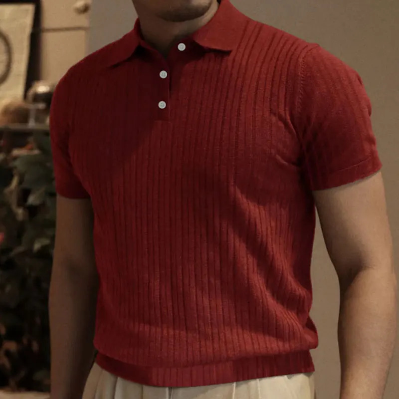 Summer Knit Mens Polo Shirt Business Casual Striped Lapel Short Sleeve Henry Tshirt Comfortable Clothing 250312