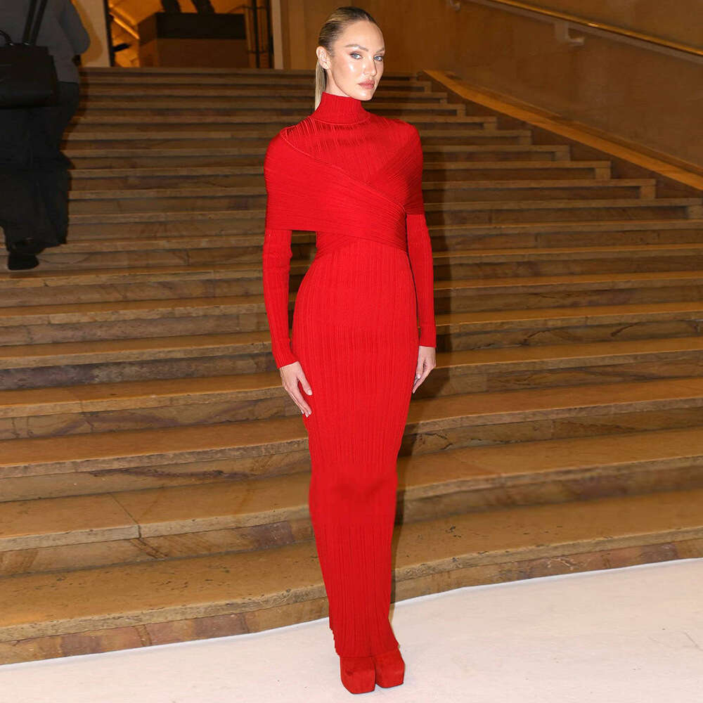 Spring Women's New High-End Red Sleeved Cross Knitted Jacquard Bandage Dress With High Neck Long Skirt