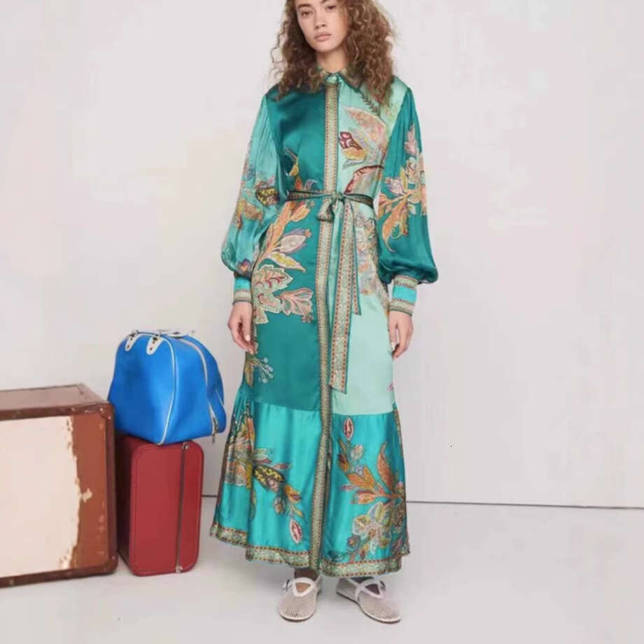 Australian Niche Printed 2024 Autumn And Winter New Item With Lapel, Lantern Sleeves, Waistband, Waist Cinching, Slimming Long Dress