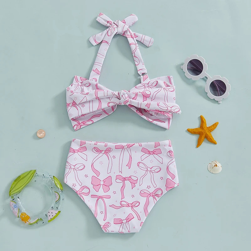 Suefunskry Kids Girls 2 Piece Swimsuits Summer Bow Print Halter Neck Bikini Tops and Elastic Shorts Set Bikini Bathing Suits 250311