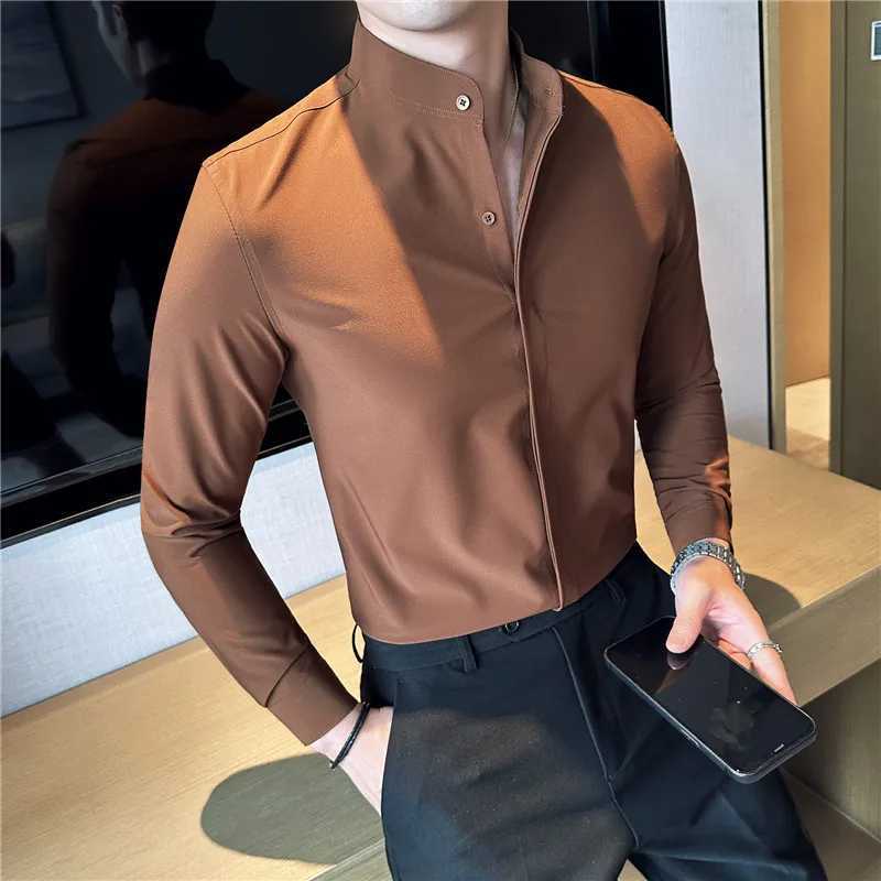 Mens Shirts Stand Collar Luxury Shirts For Men Quality Mens Shirt Stretch Slim Fit Mens Dress Shirts Formal Clothes W250312