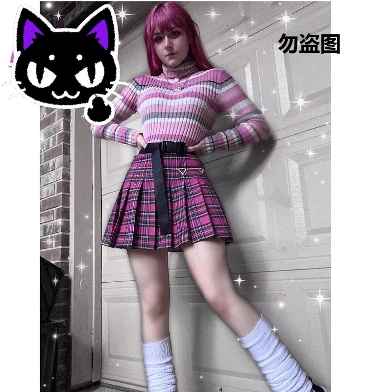 Misa Japanese Harajuku girl cute rose pink checkered high waisted pleated skiing mini JK summer women Jupe Y2K Aest 250311