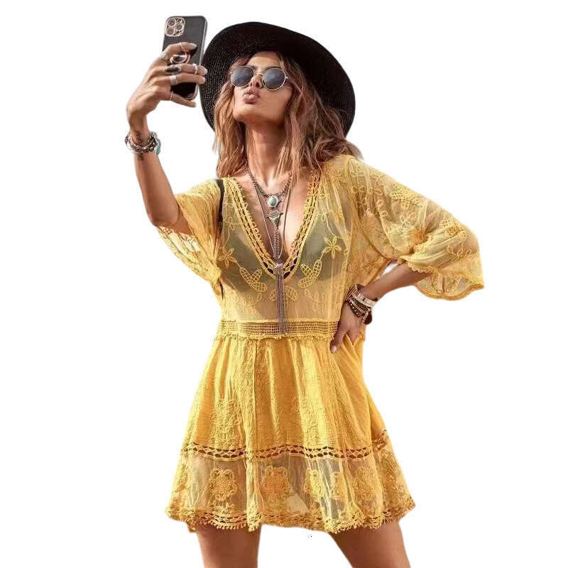 European and American Sexy Lace Skirt Solid Color Beach Bikini External Sunscreen Dress 2025 Versatile New Trendy Clothing Ins