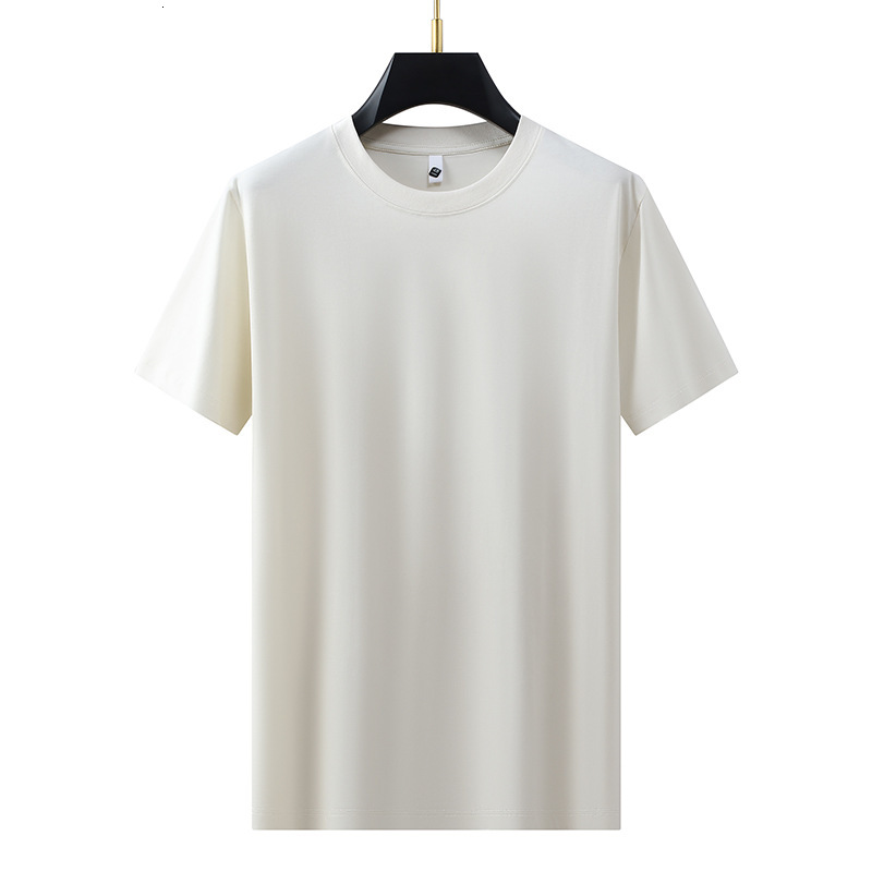 silk solid color short T-shirt for men, skin friendly and cool feeling base shirt, loose half sleeved round neck casual high-end men's clothing p