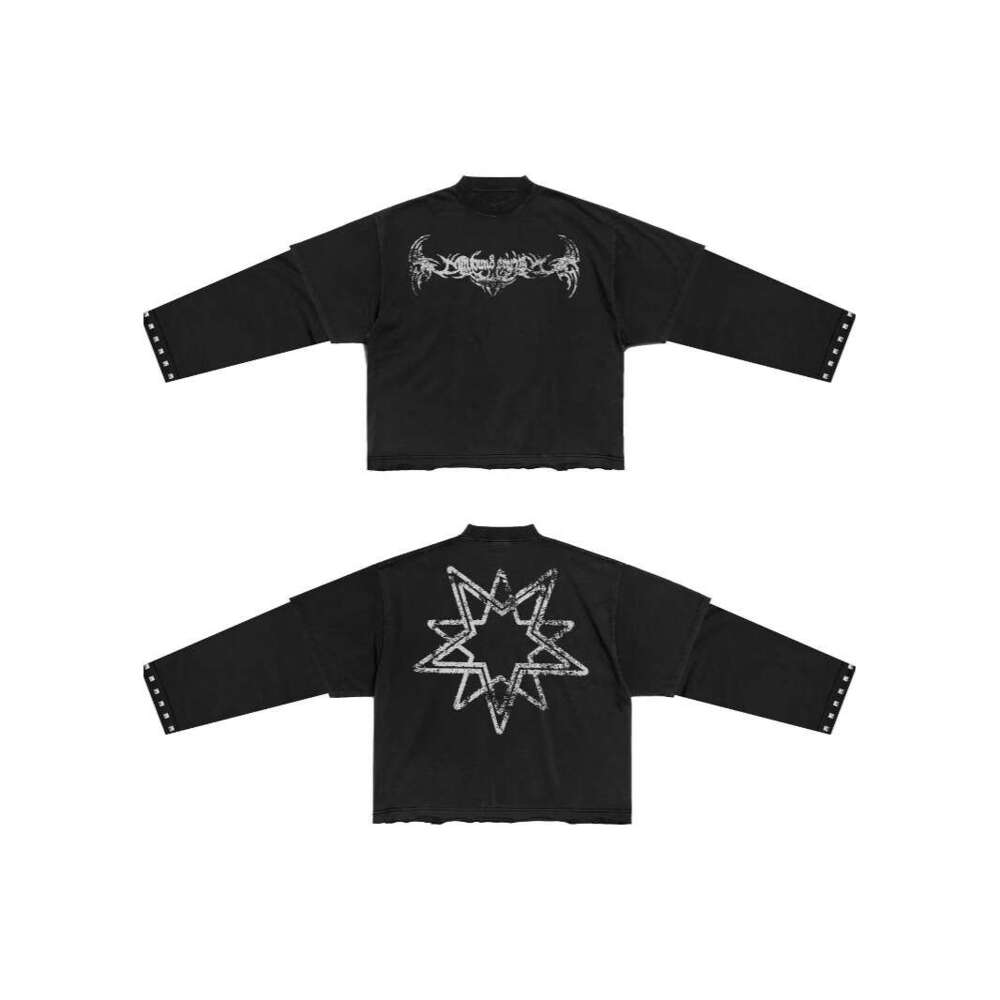 American style dark themed personalized street fake two-piece round neck long sleeved new printed loose fitting unisex top