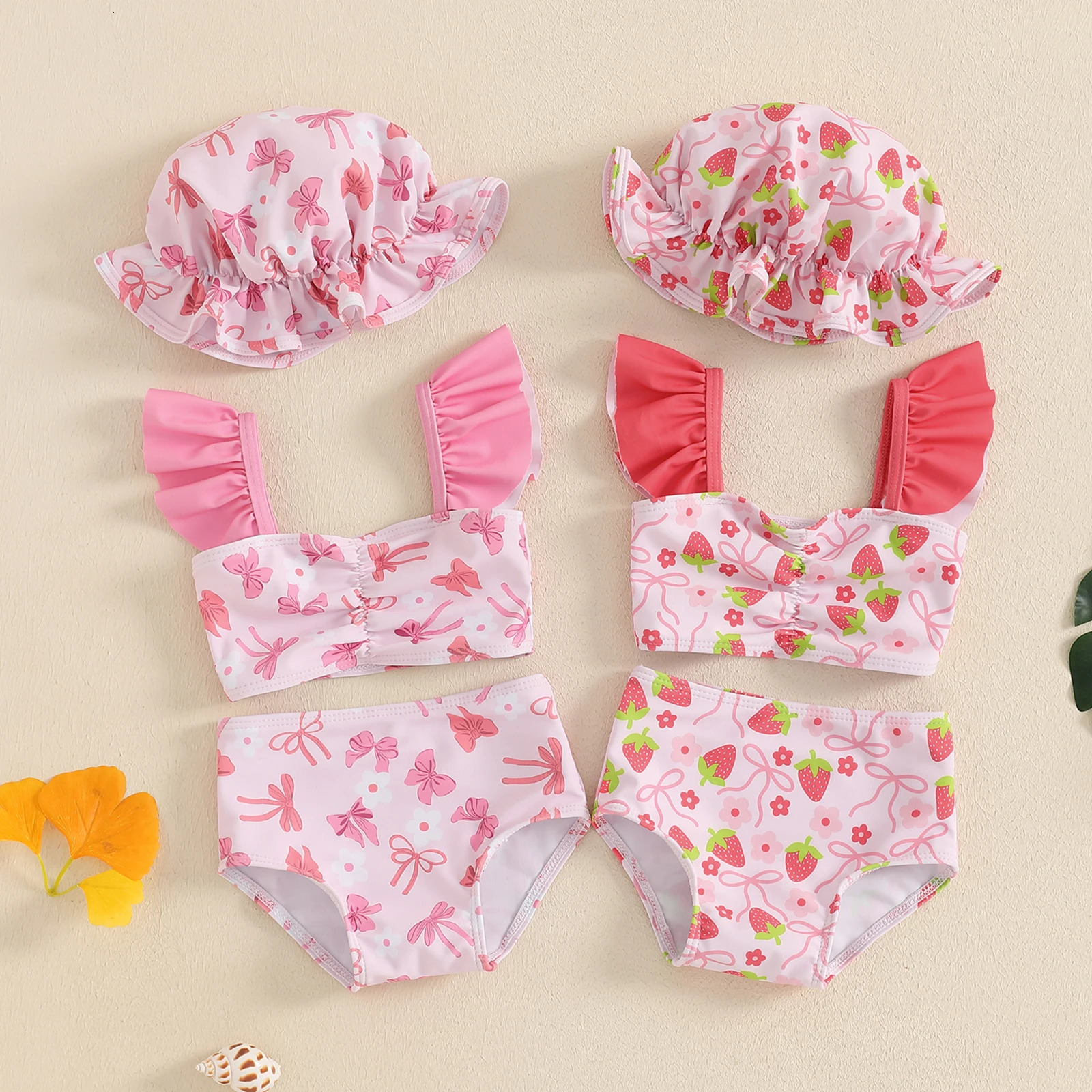 MISOWMNJOY Princess Toddler Girl Bikini Set Summer Beach Wear Swimsuit Plaid Print Ruffle Sleeveless Kids Bathing Suit and Hat 250311