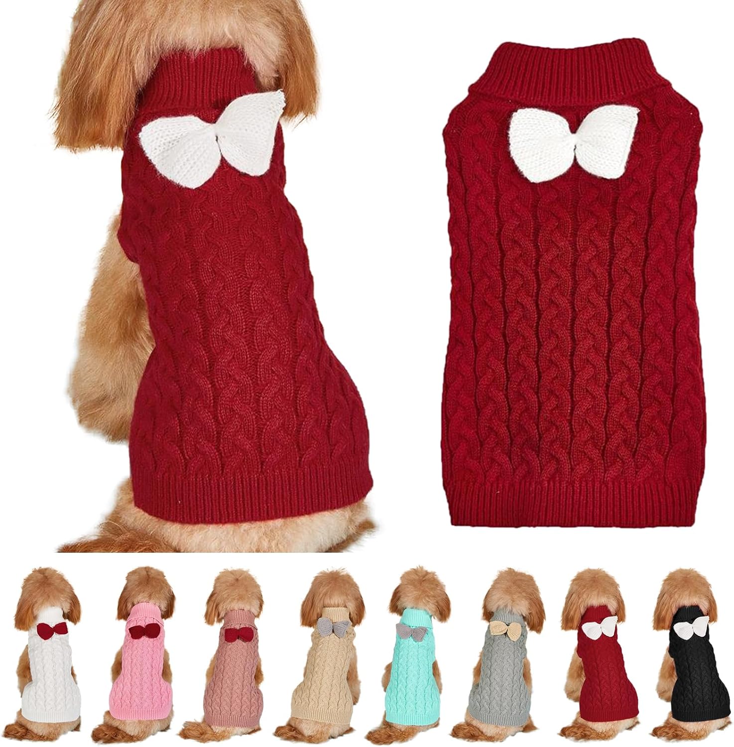 Yanmucy Dog Turtleneck Sweater - Stylish Bow - Knitted, Warm Winter Wear for Small to Large Dogs and Cats (Available in X - Large, Red)