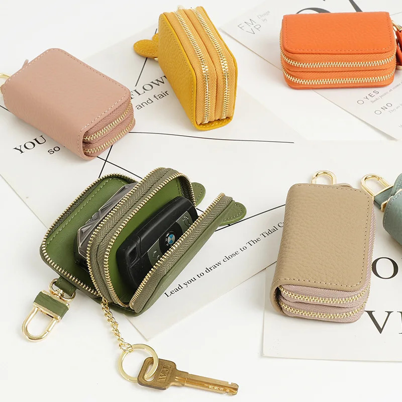 Fashionable leather car key bag Ins style multifunctional car key wallet portable double zipper mini key bag 250311