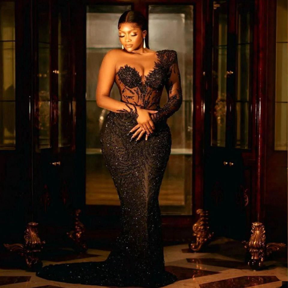 Arabic Sheer Long Sleeves Lace Mermaid Evening Dresses Sparkling Lace Applique Illusion Sweep Train Party Prom Gowns With Lace Up Back BC18625 0312