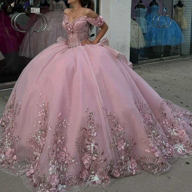 Pink Shiny Quinceanera Dresses Sweet 16 Dress Off Shoulder Sequin Lace Applique Flower Beaded Vestidos de 15 anos Gown Ball Gown Party Birthday Wear