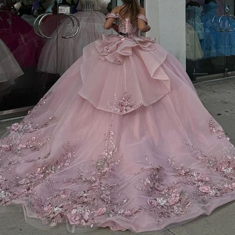Pink Shiny Quinceanera Dresses Sweet 16 Dress Off Shoulder Sequin Lace Applique Flower Beaded Vestidos de 15 anos Gown Ball Gown Party Birthday Wear