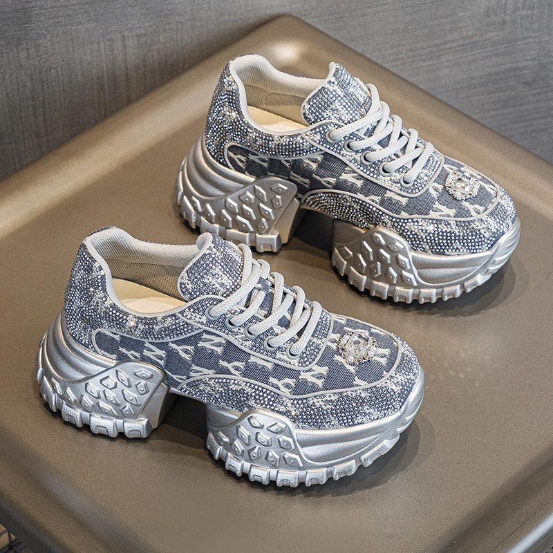 2025 New Women's Thick Soled Height Increasing Running Shoes Outdoor Designer Rhinestone Denim Korean Fashion Street Photography Casual Sports Sh